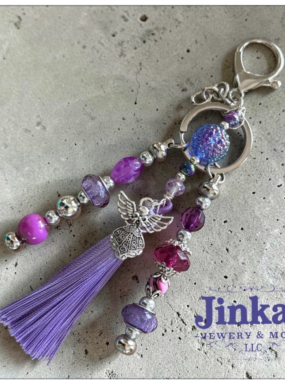 Purse charm - Purple colors with  Angel charm & tassel